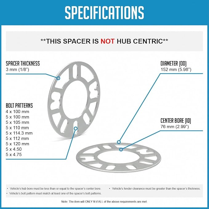 2 Pcs Die Cast Wheel Spacers 3mm 1/8" Thick Fits Bolt Patterns 4x100mm 5x100mm 5x105mm 5x110mm 5x114.3mm 5x112mm 5x120mm 5x4.50 5x4.75 Fits 4/5 Lug Pass Cars - Not Hub Centric