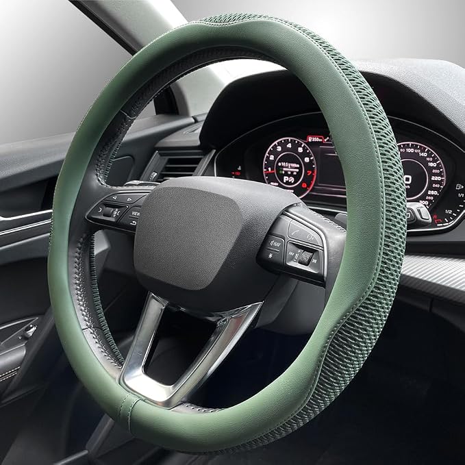 Car Steering Wheel Cover, Universal 15 inch, the Latest Microfiber Leather Breathable Technology Fabric, Non-Slip, Comfortable, Warm in Winter and Cool in Summer, Green