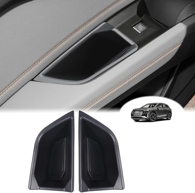 Rear Door Side Storage Box Compatible with Audi Q4 E-Tron 2022 2023 2024 2025, 2PCS Car Back Door Side Armrest Grab Handle Groove Storage Organizer Tray Pocket Slot Mat Insert ABS Accessories
