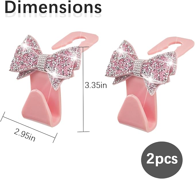 Zpana Bling Car Headreat Hook, 2PCS Crystal Rhinestone Cute Bow Vehicle Seat Back Hanger Storage for Purses Bags Grocery, Diamond Auto Rear Seat Organizer, Universal for SUV Truck Sedan (Pink)