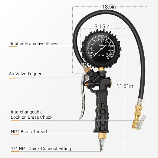Tire Pressure Gauge with Inflator, 230 PSI Heavy Duty with Air Chuck Compressor Accessories， 360° Rotatable Dial and Air Chuck, Compatible with Bicycle/Truck/SUV/Motorcyle/RV