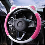 Car Steering Wheel Cover, Fluffy Soft Plush for Winter Warm, Cute Steering Wheel Protector with Kitty Cat Ears, Universal 15 Inch, Elastic & Anti-Slip, Lovely Decor Car Accessories (Rose Red)
