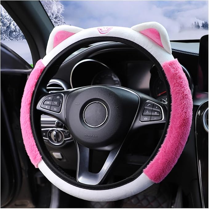 Car Steering Wheel Cover, Fluffy Soft Plush for Winter Warm, Cute Steering Wheel Protector with Kitty Cat Ears, Universal 15 Inch, Elastic & Anti-Slip, Lovely Decor Car Accessories (Rose Red)