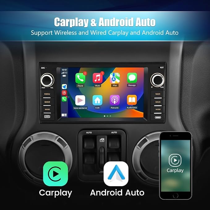 8Core Car Radio Stereo for Dodge RAM 2009-2012 Avenger Challenger Jeep Wrangler, 7 Inch Touch Screen with Android 13 Wireless CarPlay Android Auto Backup Camera