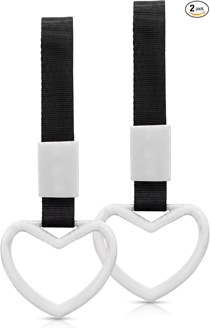 2 Pcs Heart Shaped Car Handle Strap – JD M Drift Charm Rear Bumper Warning Ring Decor for Car Interior Exterior, Subway Bus Handle Accessory, Cute Heart Car Decor Gift for Drivers (White)