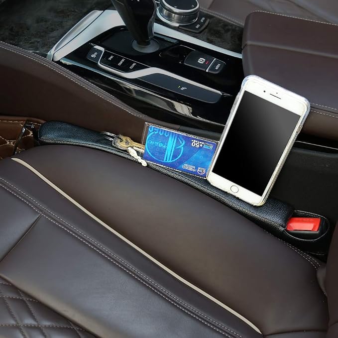 2 Prices Car Seat Gap Filler Pad PU Leather Console Side Pocket Organizer and one Cup for Cellphone Wallet Coin Key (Black)