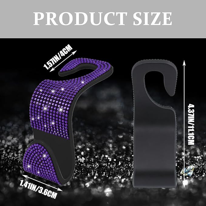 4PCS Bling Car Seat Headrest Hooks, Purse Holder for Car, Vehicle Back Seat Purse Handbag Hanging Holder with Crystal Rhinestone, Diamond Car Rear Seat Organizer for Vehicles (Purple)
