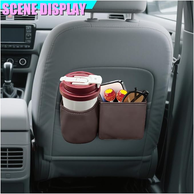 Car Side Door Organizer, Leather Auto Back Seat Storage Pouch with Cup Holder, Car Console Side Trash Can, Universal Vehicle Interior Organizer Pocket for Phone, Coin, Sunglasses (Brown)