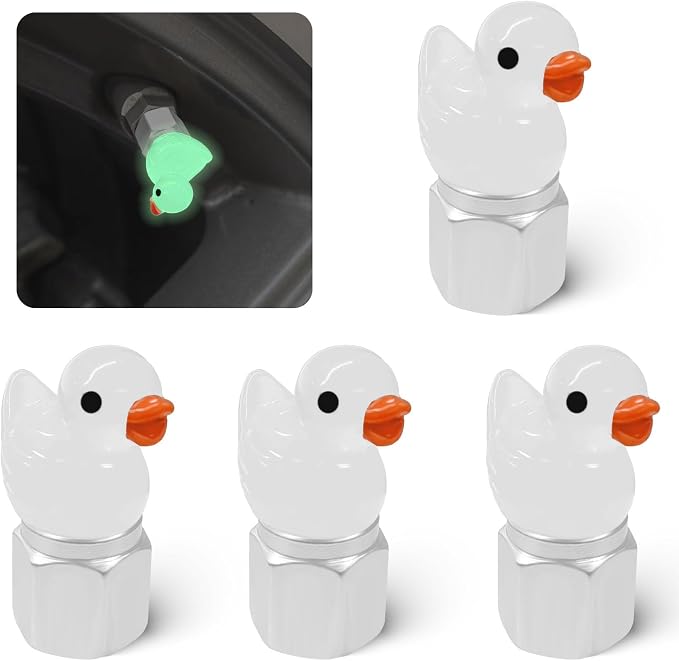 4 Pack Cute Duck tire Valve caps, Glow in The Dark Tire Valve Caps, Interesting and Practical Tire Decoration, Can be Used for Cars, Motorcycles, Trucks, and Bicycles.(White)