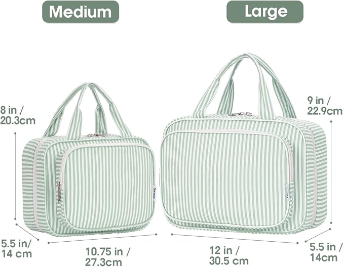 Striped Travel Toiletry Bag for Women Large Hanging Makeup Bag Organizer Toiletries Bag for Full Size Essentials Accessories Cosmetics (Mint Green Stripe (Large))