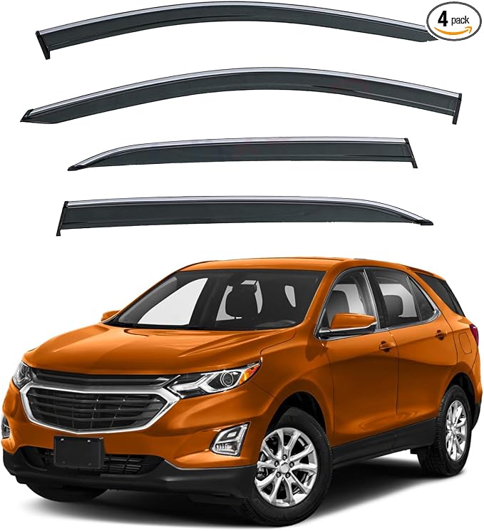 4pcs Smoke Tint with Chrome Trim Outside Mount Tape On/Clip On Style PVC Sun Rain Guard Vent Window Visors Compatible with 18-23 Equinox