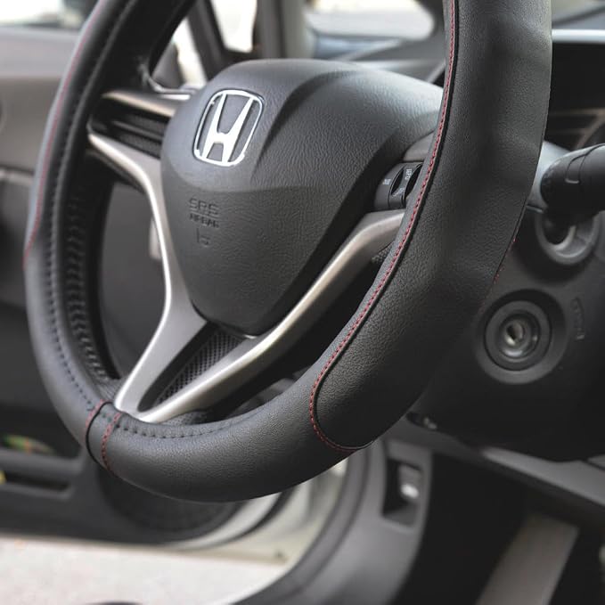 Ergonomic Steering Wheel Cover/Protector for Small Size Steering Wheels in Cars, SUVs, Boats (13.5-14.5") - Grip Drive Pro Comfort Grip (Black/Red Stitching)