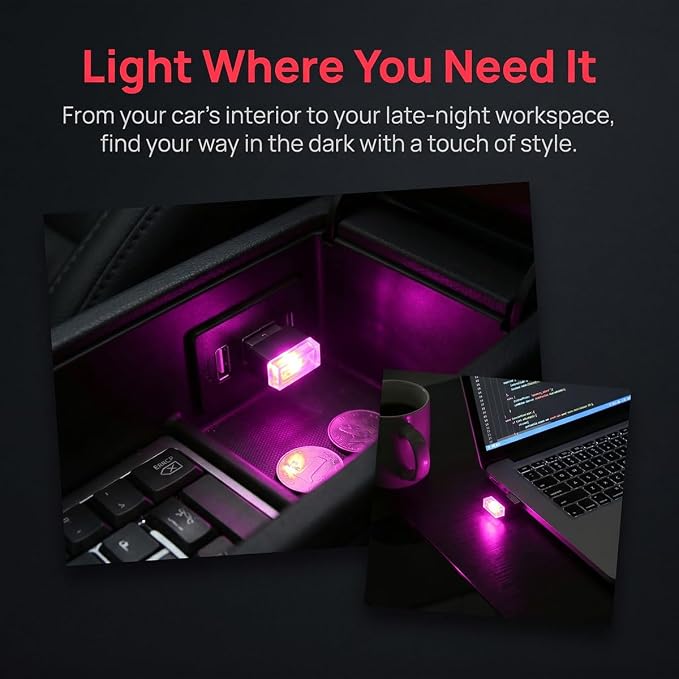2PCS USB LED Car Interior Atmosphere Lamp, Portable Mini, Purple | 5V USB-A plug-in, soft accent glow, no wiring, decor night light, car accessories for cars, SUVs, trucks