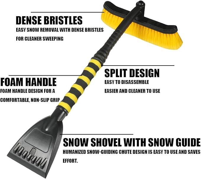 27'' Car 2-in-1 Snow Brush Ice Scraper, Extendable&Detachable Snow Removal Tool for Windshield, Auto Comfortable Foam Grip&180° Pivoting Brush Head for Cars Trucks SUVs Window (Yellow/Black)
