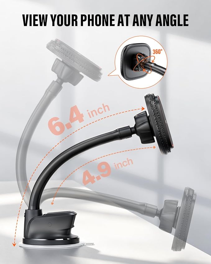 Upgraded for MagSafe Car Mount, Magnetic Car Phone Holder with Flexibile Gooseneck Arm, Suction Cup Holder for Windshield Window Dashboard, Fit for iPhones Smartphones