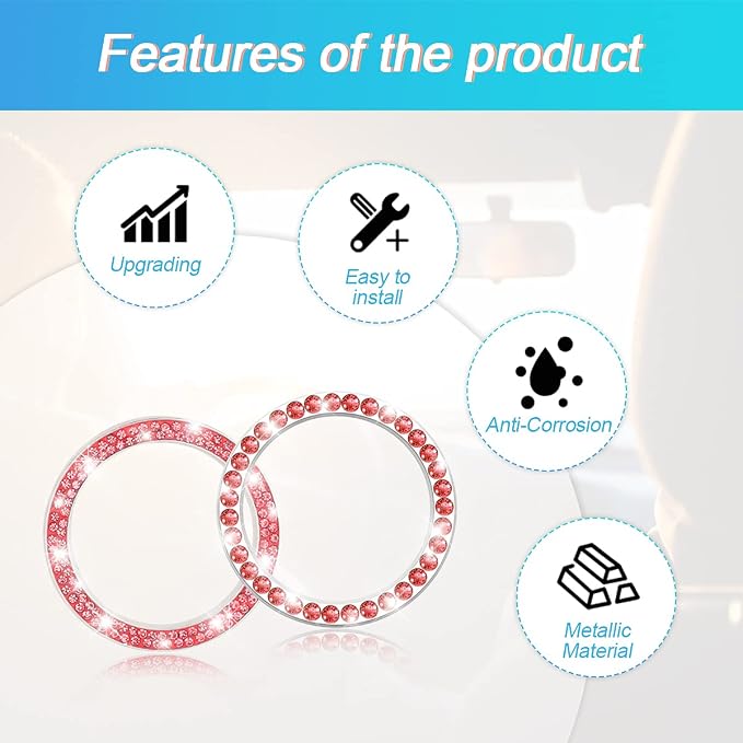 Car Bling Crystal Rhinestone Engine Start Ring Stickers, 1 Single Drainage Drill and 1 Double Drainage Drill Car Start Button Cover, Key Ignition Knob Bling Ring Decals, Bling Car Accessories(Set Red)