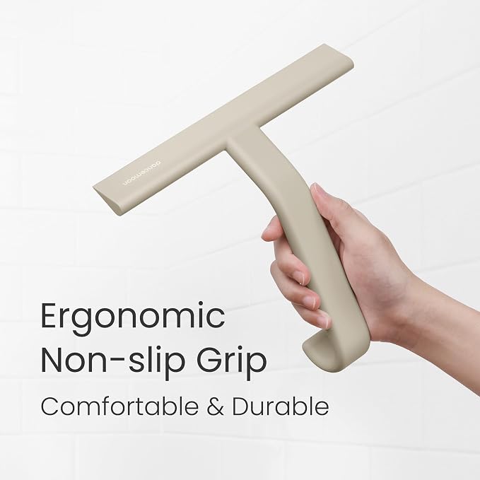 JustHang Shower Squeegee for Glass Doors, All-One-Piece Award-Winning Silicone Squeegee with Built-in Hook for Bathroom,Window, Mirror, Tile Wall,Car, Streak-Free Cleaner,10-Inch Light Taupe