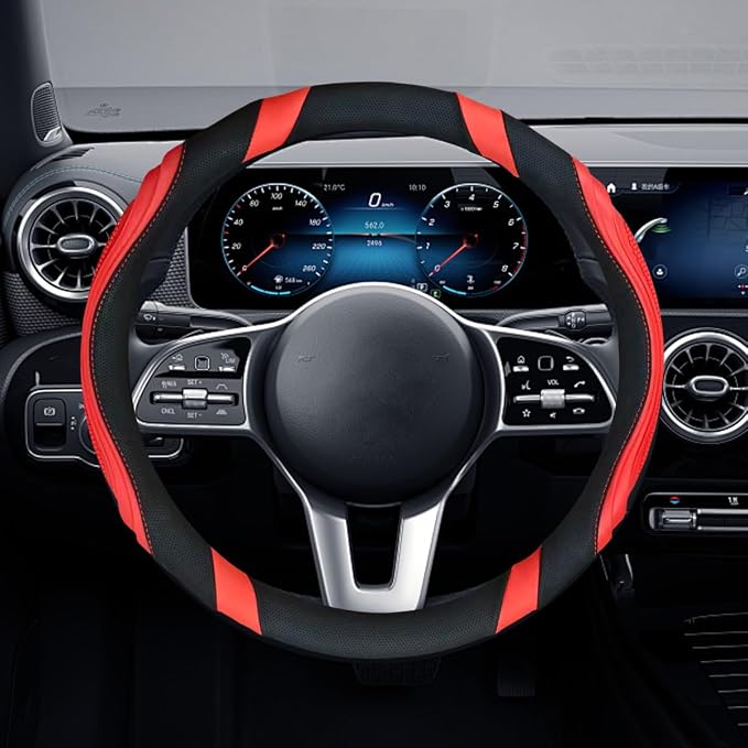 Car Steering Wheel Cover, 15 Inch Leather Anti-Slip Breathable Automotive Steering Wheel Protector, Universal Heat Resistant Vehicle Interior Accessories Cars, SUVs, Trucks(Red)