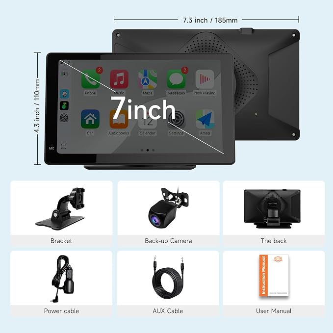 Portable CarPlay Screen for Apple CarPlay & Android Auto, 7 Inch Wireless Car Stereo Touchscreen with Bluetooth, GPS Navigation, Voice Control, Backup Camera Support for All Vehicles