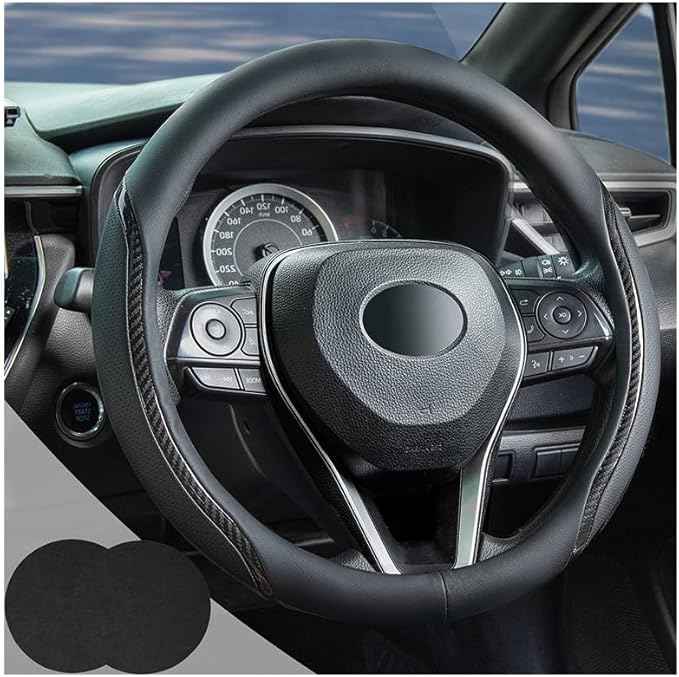 Black Steering Wheel Cover with Coasters Leather Universal 15 inch | Carbon Fiber Car Steering Wheel Covers Microfiber Breathable Anti-Slip Steering Wheel Accessories Set