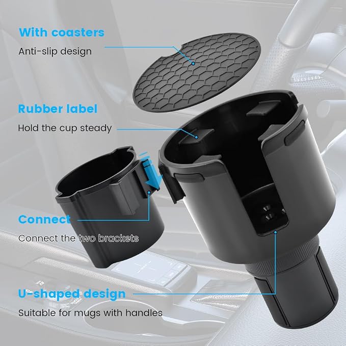 2-in-1 Car Cup Holder Expander with 4 Hooks - Upgraded Adjustable & Expandable Base, Offset Option, Versatile Car Accessories Fits Yeti, Hydroflask, Large Water Bottles