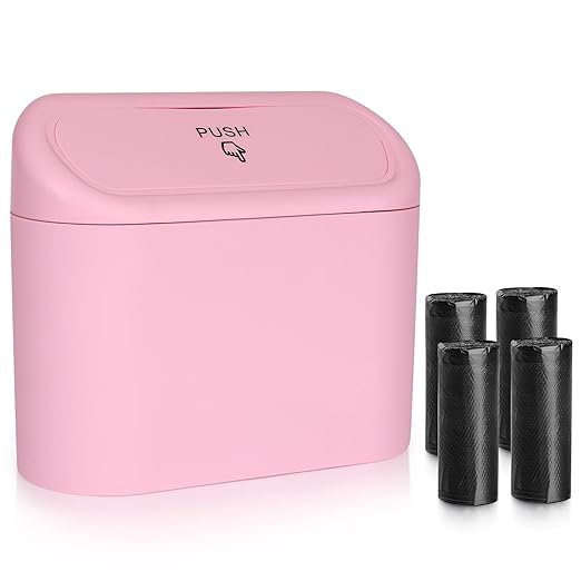 Car Trash Can with Lid, Leakproof Vehicle Garbage Organizer Holder Bin with 60 Pack Trash Bags, Mini Auto Dustbin Accessories Storage Container for Vans, SUVs, Office (Pink)