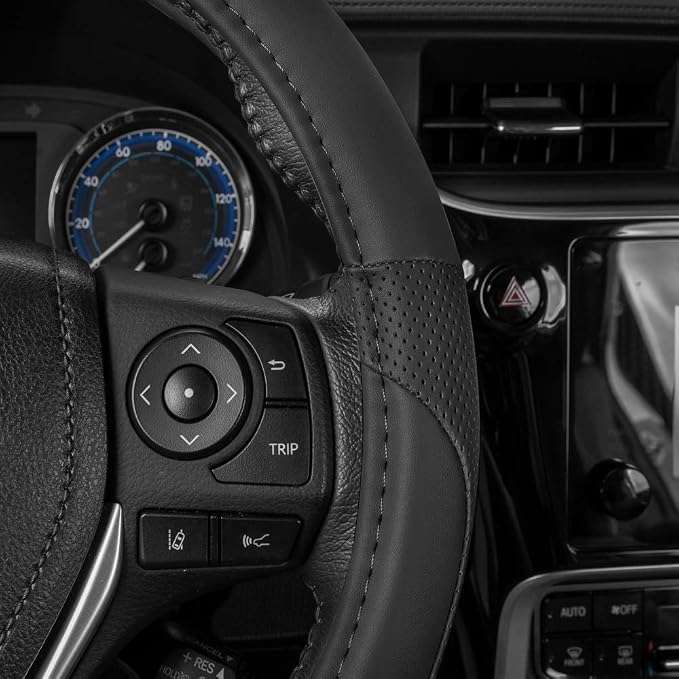 Perforated Microfiber Leather Steering Wheel Cover for Cars Trucks SUVs Vans, Sporty Racing Improved Grip Anti-Fatigue Ergonomic Design, Airbag Compatible - Fits Standard 15" Inch - Black