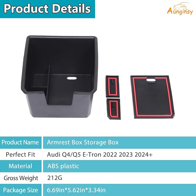 Armrest Storage Box Compatible with Audi Q4 E-Tron 2022 2023 2024 2025, Car Center Console Organizer Tray Armrest Box Insert Coin Container ABS Interior Accessories, With Door Lock Version