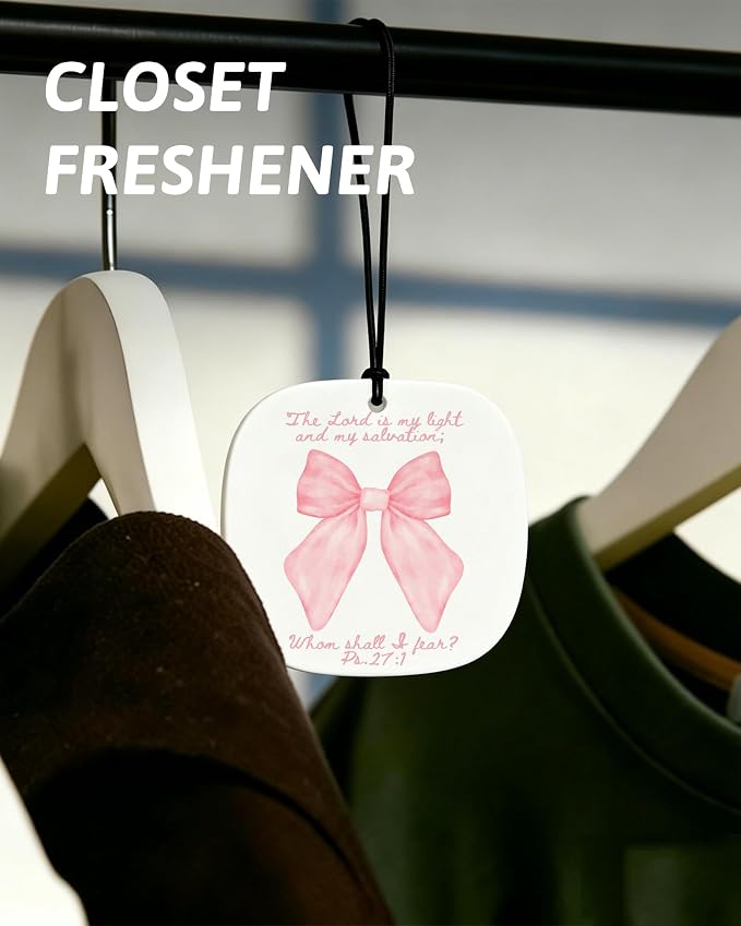 Pink Christian Car Air Freshener 8 Pcs, Pink Bow Floral Religious Hanging Air Freshener Rounded Square for Girls Dorm Bedroom Apartment, Girly Christian Car Accessories Mirror Decor for Women