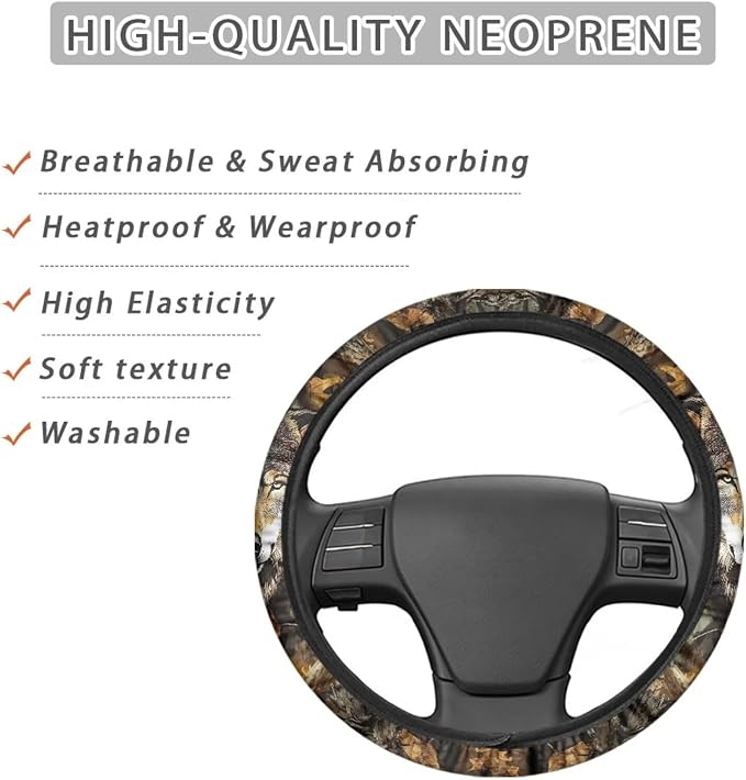 Wolf Camo Hunting Forest Car Steering Wheel Cover 15 Inch, Soft Stretch Anti-Slip Washable Car Accessory Decor Universal Fit for Sedan SUV Truck
