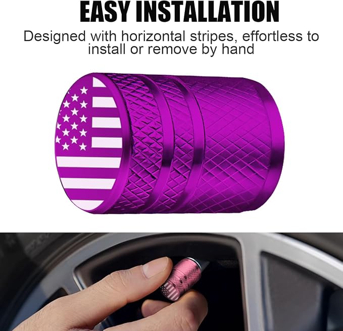 Tire Valve Stem Caps - (4 Pack) American Flag Metal Air Caps with Plastic Liner, Durable, Corrosion Resistant and Leak-Proof, Universal Fit for Cars, Trucks, Motorcycles, and Bikes - Purple