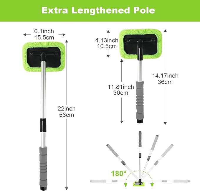 XINDELL Windshield Cleaner Tool – Car Window Cleaning Tool 22inch Extendable Long Handle for Easy Cleaning, 9pcs Reusable Microfiber Pads, Streak-Free Interior & Exterior Auto Glass Cleaner (Green)