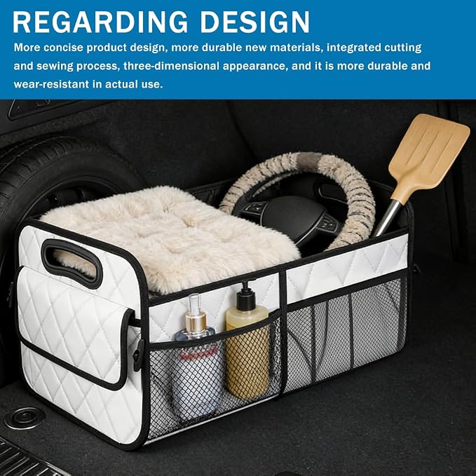 Car Trunk Organizer, Car Organizers and Storage, Large Capacity Vehicle Storage Bag with 6 Pockets, Auto Accessories Foldable & Portable Cargo Organizers for SUV Minivan Truck (White)