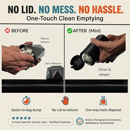 Car Trash Can Cup Holder | Mini Car Trash Can | Fits in Most Doors | 5.1" x 2.9" | Traps More & Empties Less, Patent-Pending Compaction, Holds Weeks of Small Garbage, Black/Teal