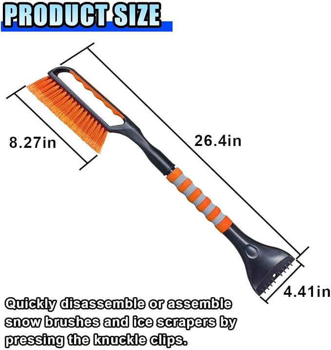 26.4" Ice Scraper and Snow Brush for Car Windshield, 2 in 1 Winter Detachable Window Deicer with Foam Grip, Snow and Ice Removal Tool Accessories for Car, SUV, Truck (Orange)
