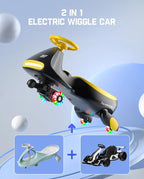 N7 Pro Electric Wiggle Car with Pedal, Rechargeable Battery, CyberWiggle, 2 in 1 Swing Car, 2 Speeds Max 4 Mph, Anti-Rollover, Flashing Wheels, Bluetooth, Ages 3+, 150 Lbs,Yellow