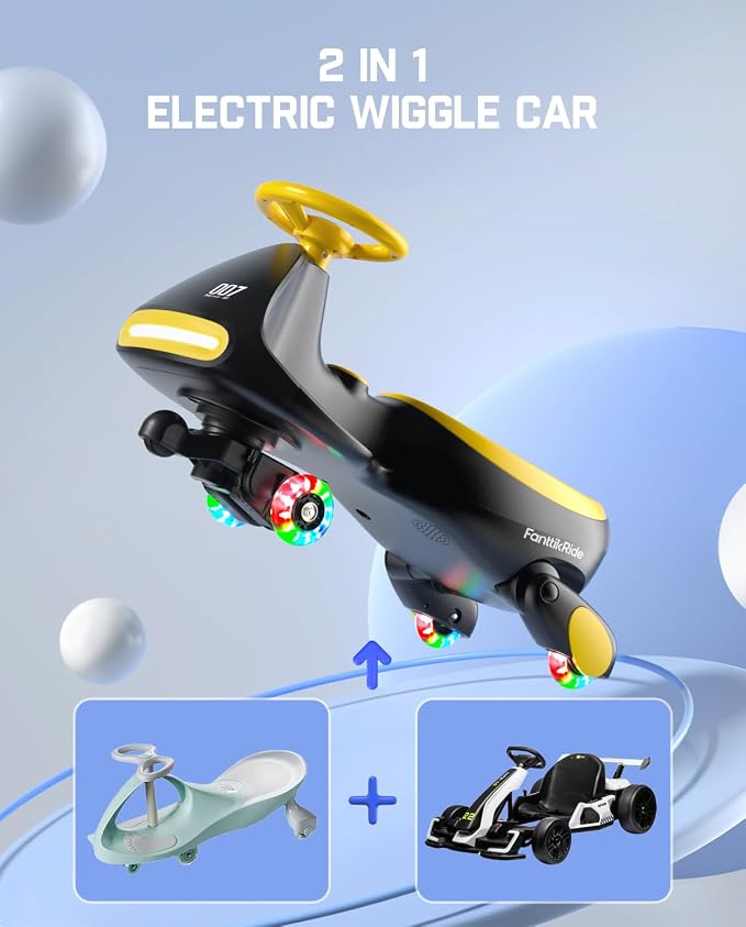 N7 Pro Electric Wiggle Car with Pedal, Rechargeable Battery, CyberWiggle, 2 in 1 Swing Car, 2 Speeds Max 4 Mph, Anti-Rollover, Flashing Wheels, Bluetooth, Ages 3+, 150 Lbs,Yellow