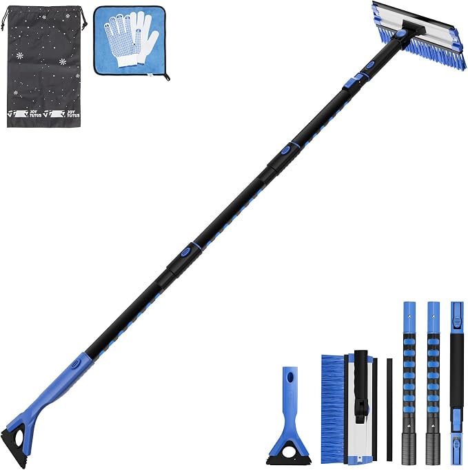 61.3″ Ice Scraper and Long Handle Snow Brush, 270° Pivoting Extendable Car Snow Scraper Brush for Car Windshield, Telescoping Ice Scraper, Snow Remover for Cars, Trucks, SUV (Blue)
