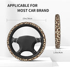Leopard Cheetah Print Steering Wheel Cover 15 Inch + 2pc car Coasters | Universal Anti-Slip Breathable Animal Print Matching Set for Men Women