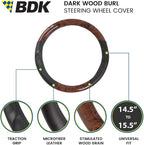 Dark Wood Grain Steering Wheel Cover with Black Faux Leather Comfort Grip, Standard 15 inch Size, Car Steering Wheel Cover for Truck Van SUV Auto