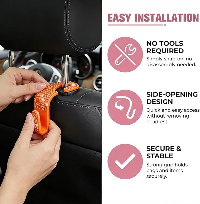 4PCS Bling Car Seat Headrest Hook, Crystal Rhinestone Backseat Hanger Organizer for Purse Handbag Umbrella, Shiny Auto Interior Seat Back Storage Holder Hook, Universal Fit (Orange)