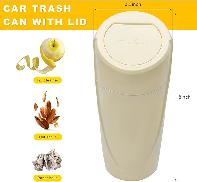 Car Trash Can Bin with Lid, Leakproof Portable Garbage Trash Bin Mini Cup Holder Organizer, Automotive Interior Dustbin Multipurpose Storage Container for Car Home Office (Beige)