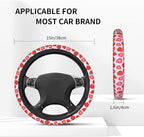 Cute Pink Strawberry Steering Wheel Cover for Women Men with 2 Pcs Car Coasters, Universal 14.5-15 Inch Rainbow Steering Wheel Covers Non-Slip Car Accessories for Girls