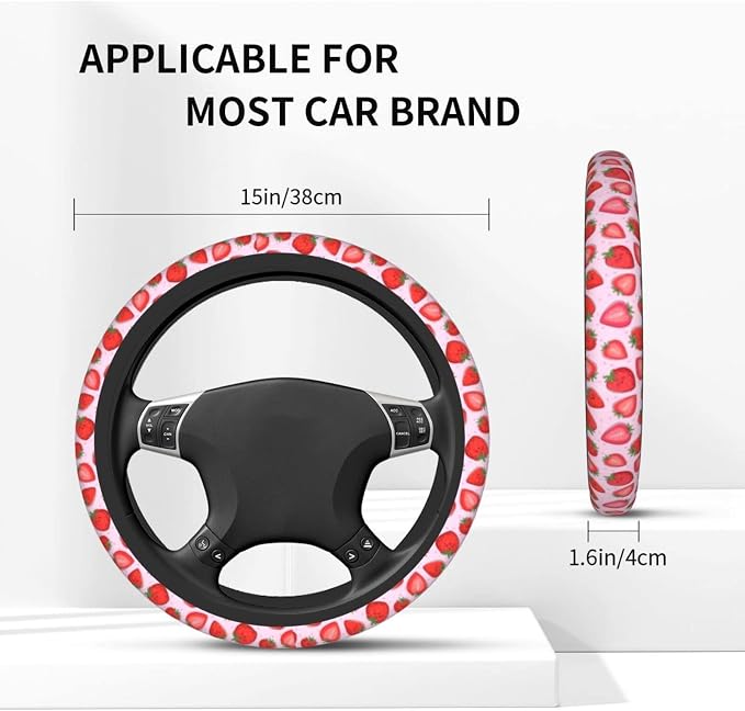 Cute Pink Strawberry Steering Wheel Cover for Women Men with 2 Pcs Car Coasters, Universal 14.5-15 Inch Rainbow Steering Wheel Covers Non-Slip Car Accessories for Girls