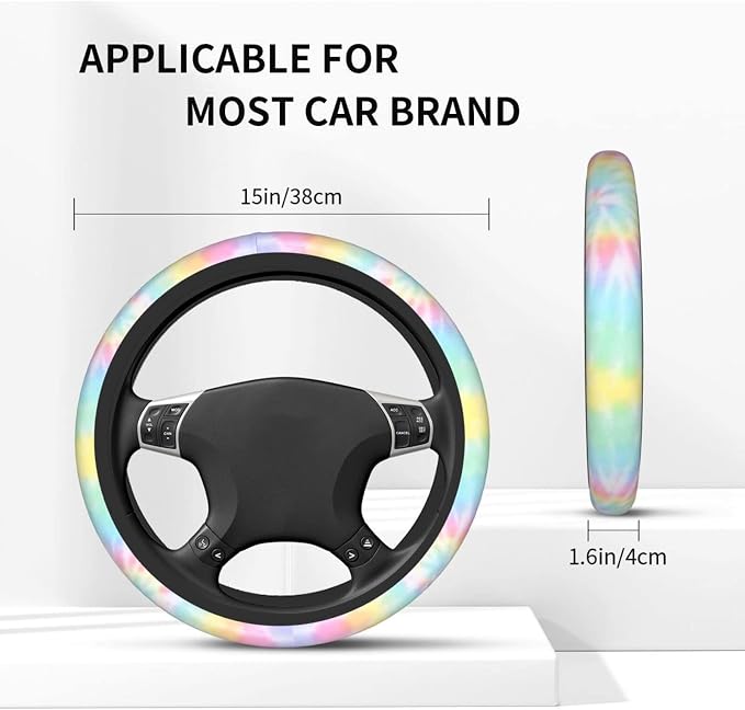 Rainbow Tie Dye Steering Wheel Cover for Women Men with 2 Pcs Car Coasters, Universal 14.5-15 Inch Rainbow Steering Wheel Covers Non-Slip Car Accessories for Girls