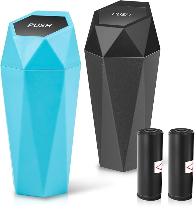 Car Trash Can with Lid, Blue Black Car Garbage Can Cup Holder for Interior, 2 Pack Mini Leakproof Garbage Can with 30Pcs Trash Bags, Multipurpose Storage Organizer for Vehicle Home Office