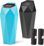 Car Trash Can with Lid, Blue Black Car Garbage Can Cup Holder for Interior, 2 Pack Mini Leakproof Garbage Can with 30Pcs Trash Bags, Multipurpose Storage Organizer for Vehicle Home Office