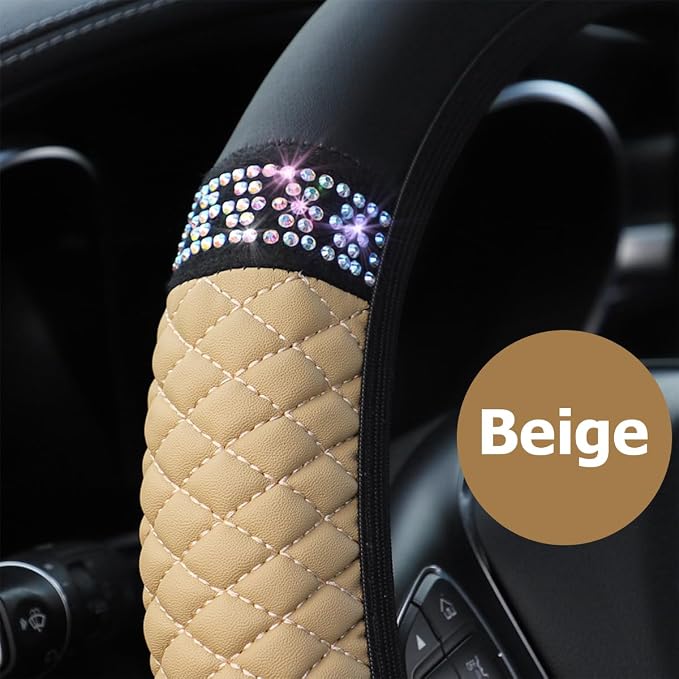 Bling Car Steering Wheel Cover, 15 Inch Rhinestones Soft Leather Elastic Steering Wheel Protector, Sparkly Crystal Diamond for Women Girls (Beige)