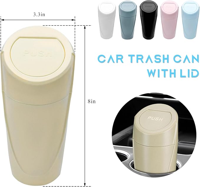 Car Trash Can Bin with Lid, Leakproof Auto Cup Holder Garbage Bin Multipurpose Storage Organizer, Mini Portable Dustbin Side Door Garbage Can for Vehicle Home Office (Beige)