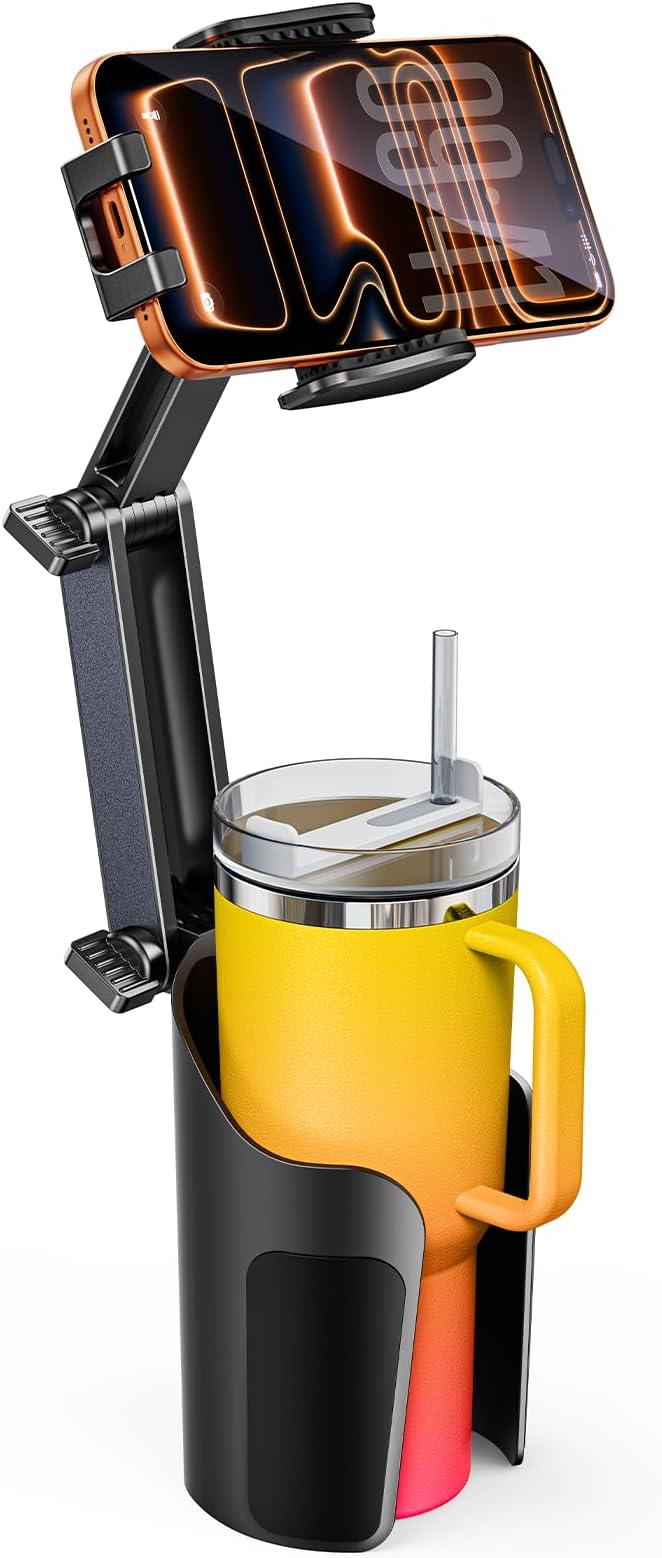 2-in-1 Cup Holder Cell Phone Holder for Your Car Bottle Friendly Cup Cell Phone Holder Mount for Car Height Adjustable Sturdy Fit 4.7-7 inches Phones